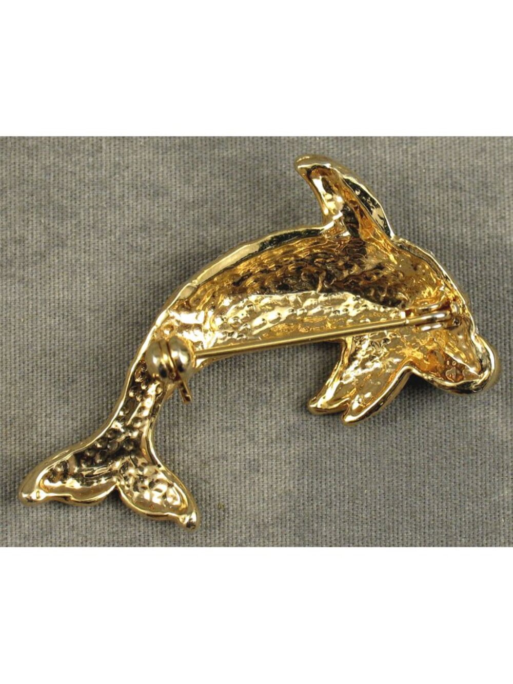 Vintage Leaping Dolphin Rhinestone Brooch Pin Gold Tone Faux Ruby Eye - Picture 2 of 2